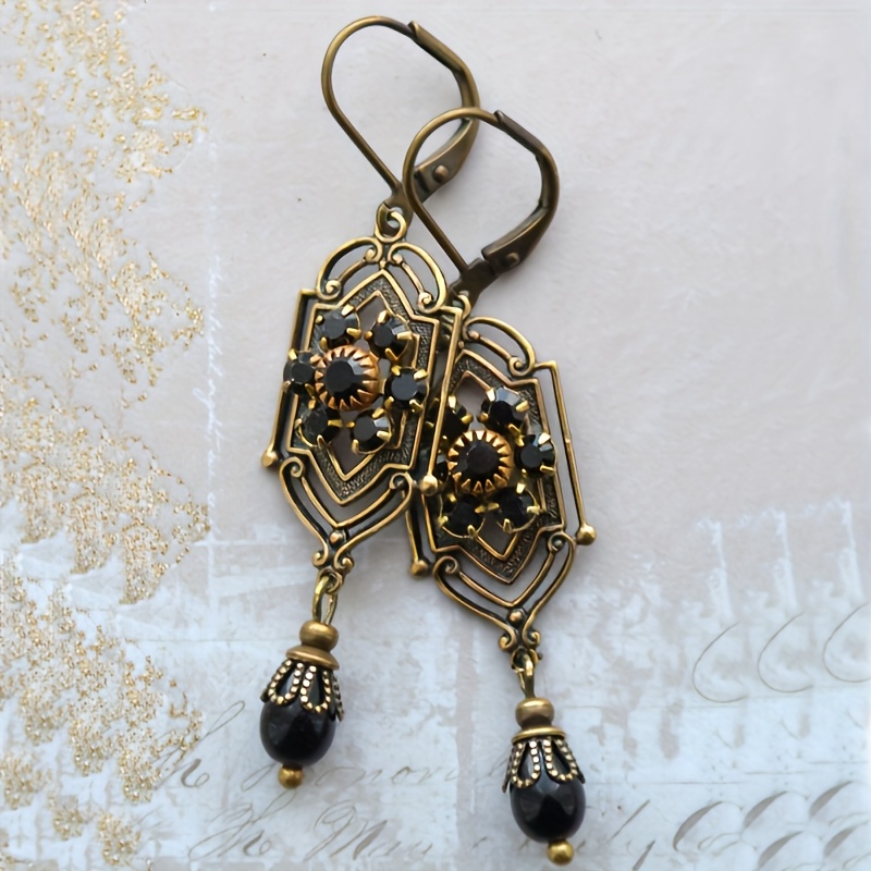 Women's Nostalgic Hollow Copper Earrings with Black Synthetic Turquoise, Birthday Gift
